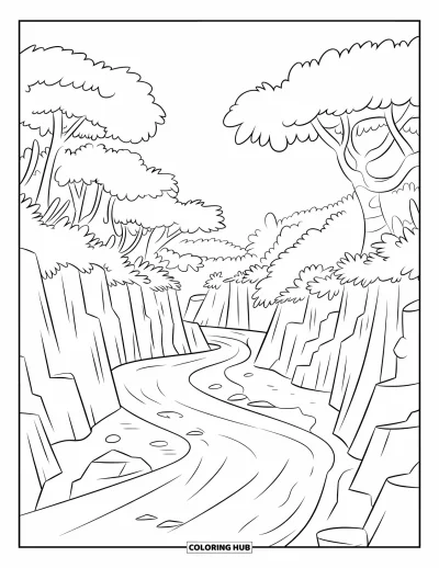 Coloriage de jungle pour enfants : Une rivière de jungle au courant vif serpente entre des arbres touffus et des falaises rocheuses