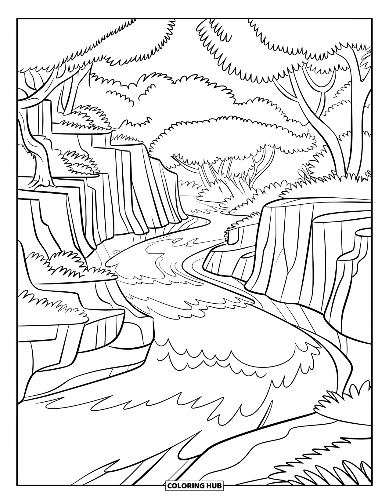Jungle Coloring Page for Kids: A fast-flowing jungle river winds through thick trees and rocky cliffs