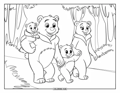 Coloriage de jungle pour enfants : Un ours père porte un ourson tandis que la mère tient la main d'un autre