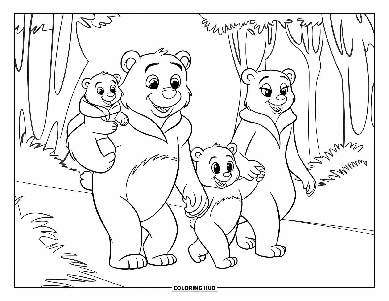 Jungle Coloring Page for Kids: A father bear carries a cub while the mother holds the hand of another cub
