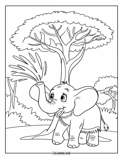Coloriage de jungle pour enfants : Un éléphant sympathique projette de l'eau sous un grand arbre de jungle aux feuilles généreuses
