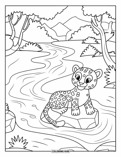 Coloriage de jungle pour enfants : Un jaguar détendu se repose sur un rocher près d'une rivière de jungle qui coule