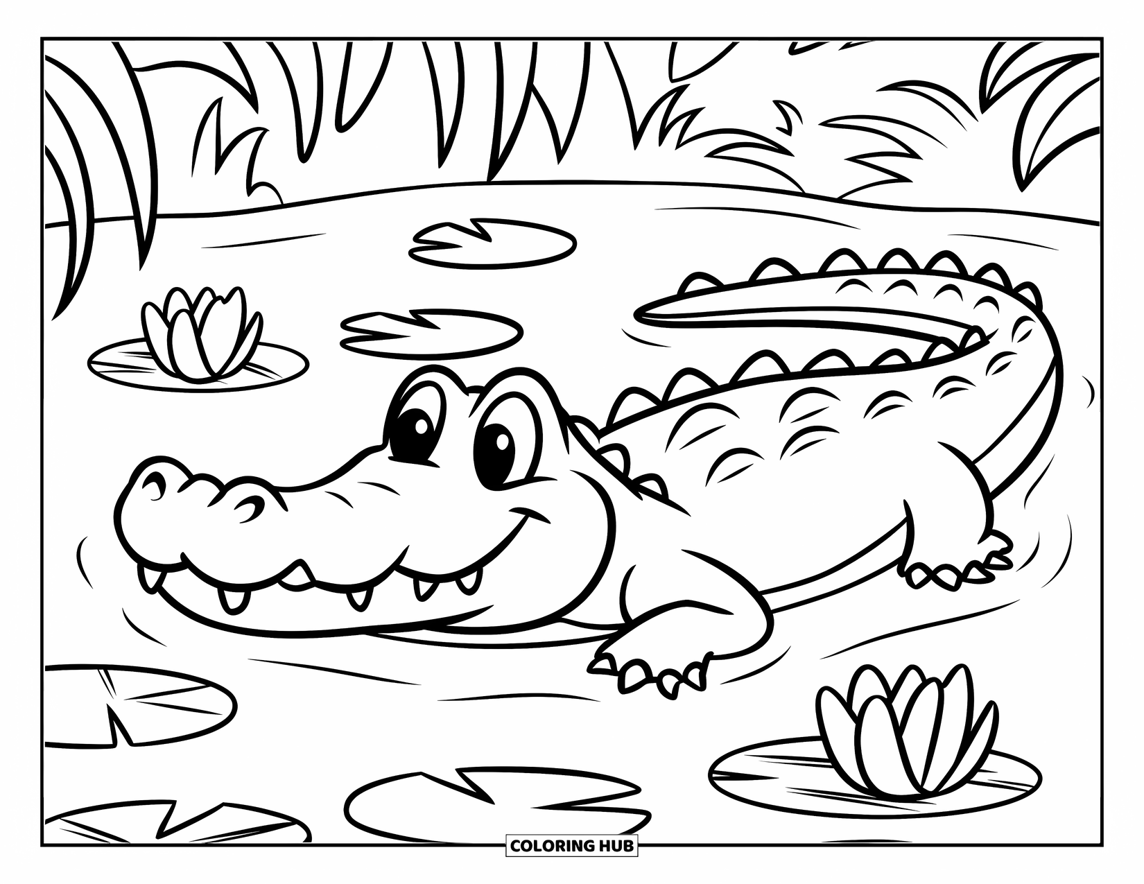 Jungle Coloring Page for Kids: A gentle crocodile floats with a big smile in a small jungle river