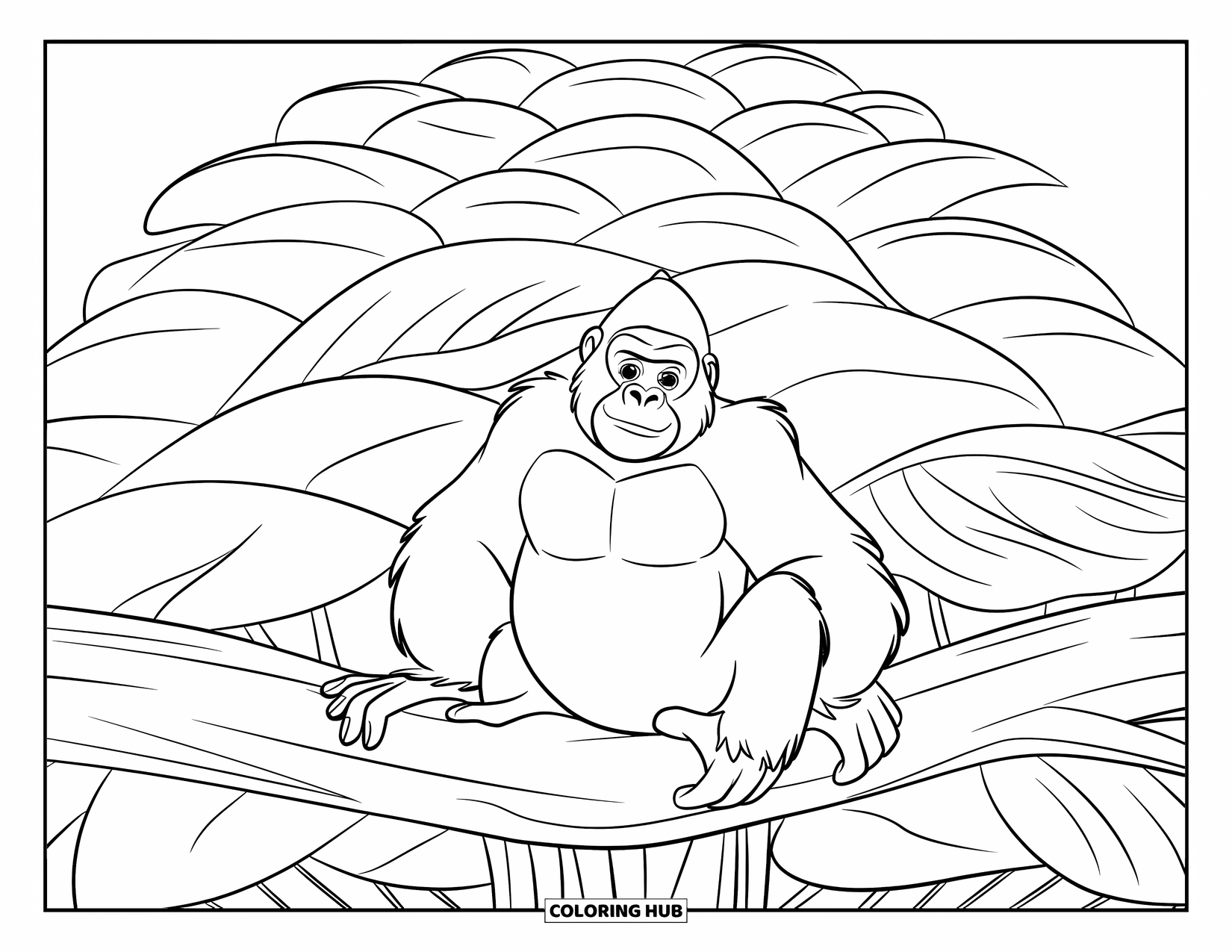 Jungle Coloring Page for Kids: A gorilla lounges high in a massive tree with layered leaves under a clear sky