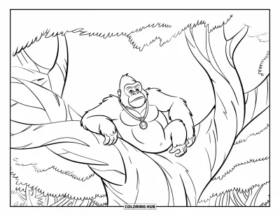 Coloriage de jungle pour enfants : Un gorille portant un pendentif se prélasse sur une branche d'arbre entouré d'une forêt généreuse
