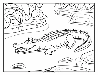 Coloriage de jungle pour enfants : Un crocodile heureux flotte tranquillement dans une rivière de jungle parmi des rochers et des plantes