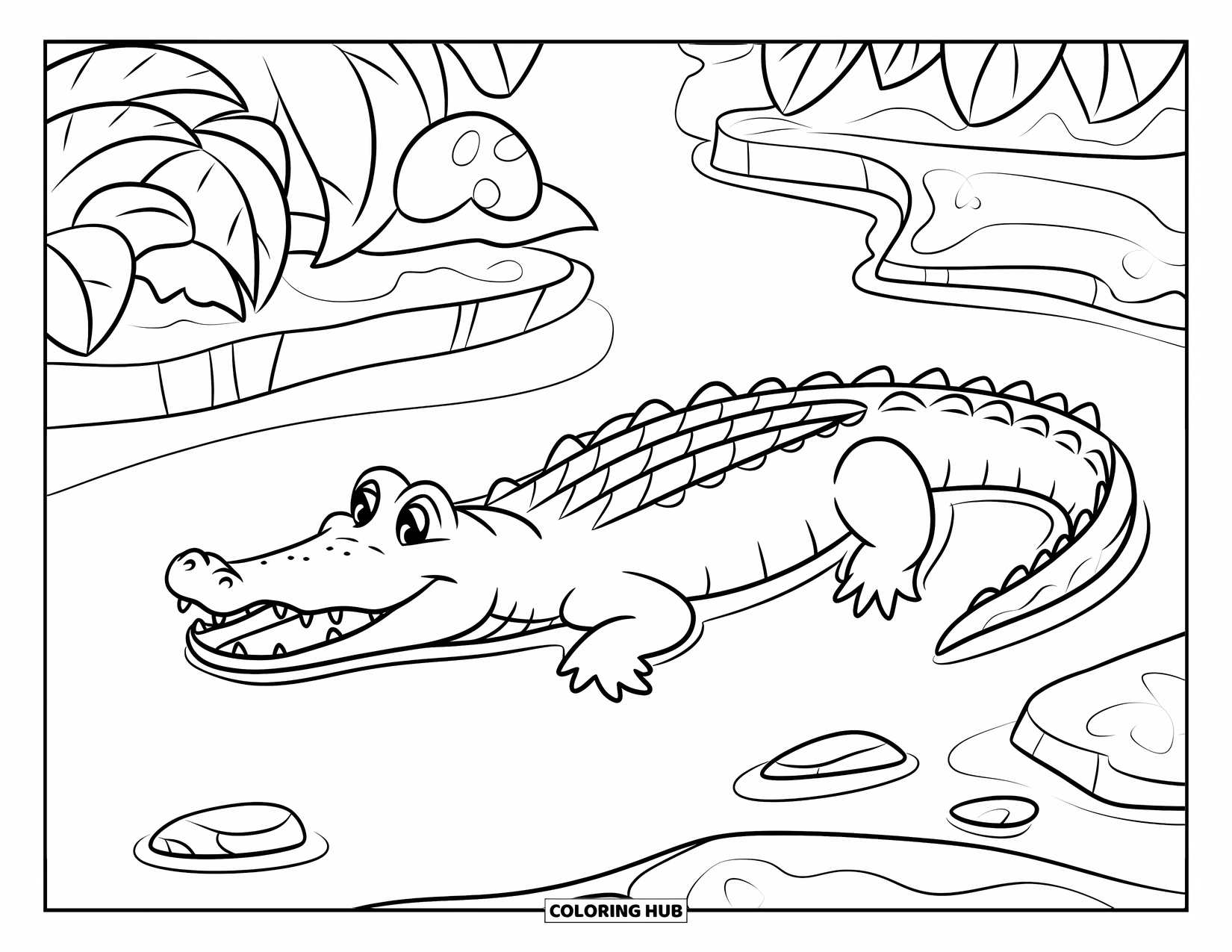 Jungle Coloring Page for Kids: A happy crocodile floats calmly in a jungle river among rocks and plants