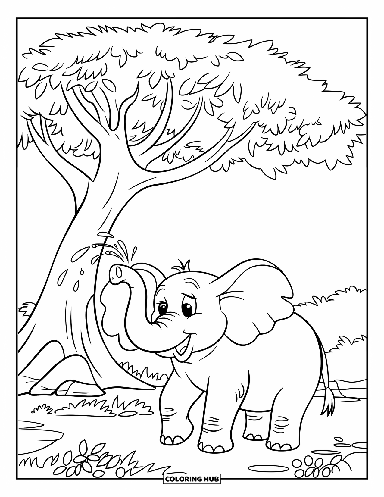 Jungle Coloring Page for Kids: A happy elephant sprays water near a tall leafy tree and small jungle plants