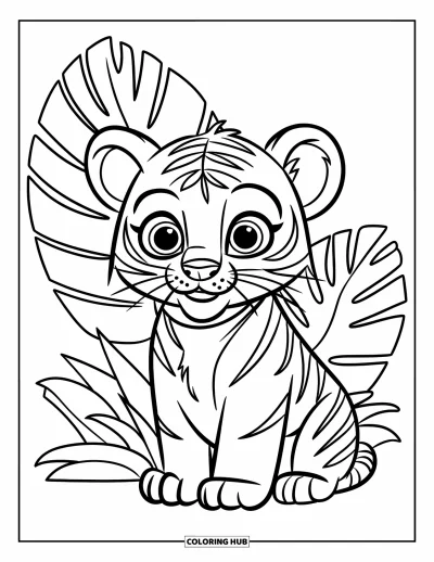 Coloriage de jungle pour enfants : Un joyeux lionceau est assis près de plantes tropicales aux grandes feuilles prononcées