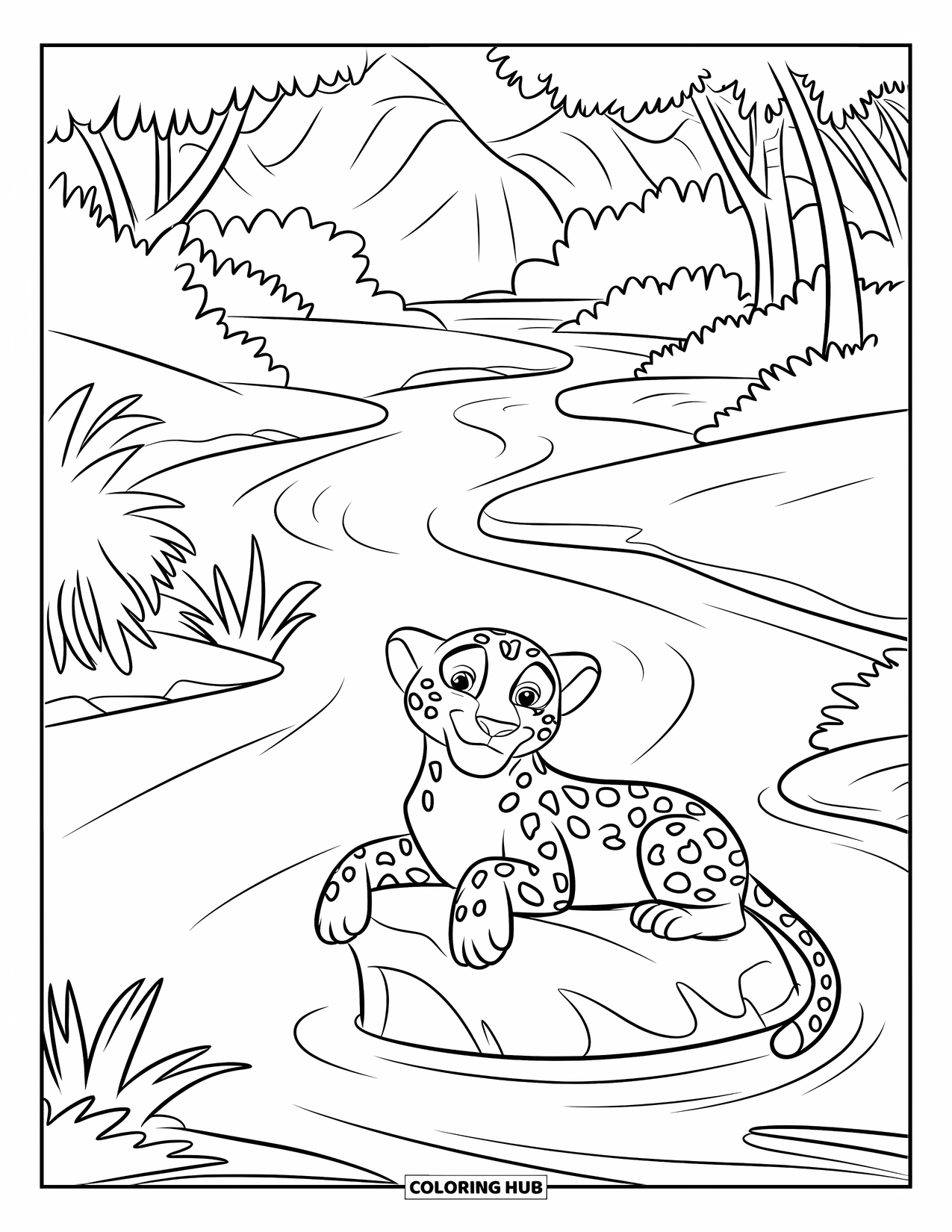 Jungle Coloring Page for Kids: A jaguar rests on a river rock surrounded by lush jungle plants and trees