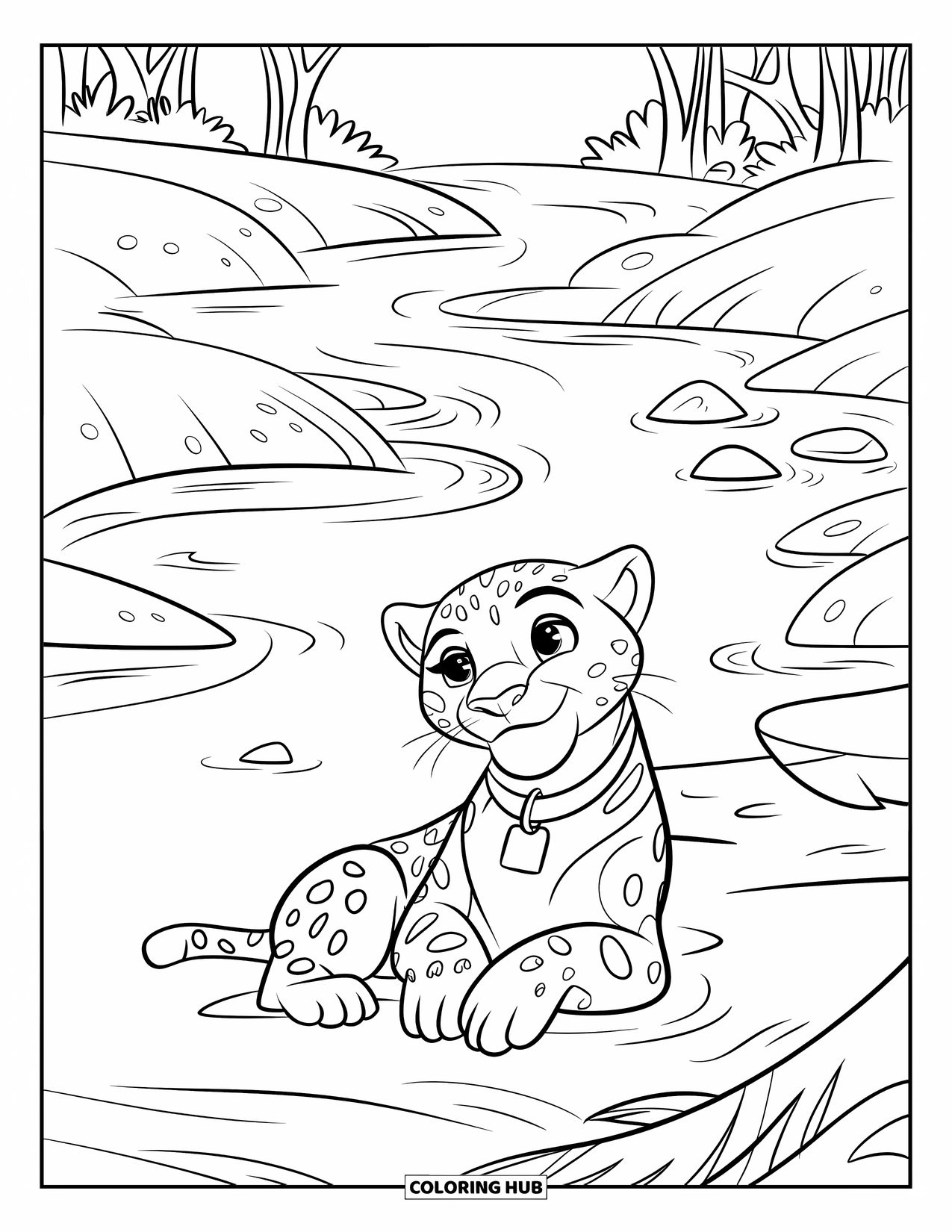 Jungle Coloring Page for Kids: A jaguar with a collar relaxes near a brisk river surrounded by trees and rocks