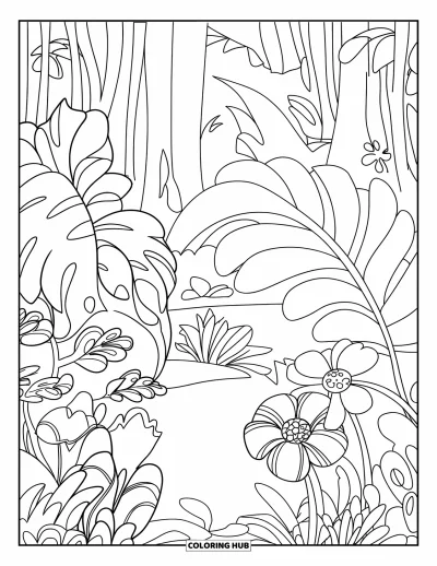 Coloriage de jungle pour enfants : Une clairière de jungle avec des feuilles à motifs et des fleurs entourées de grands arbres
