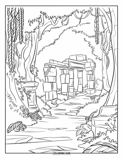Coloriage de jungle pour enfants : Un chemin de jungle serpente vers des ruines en pierre anciennes cachées sous des lianes
