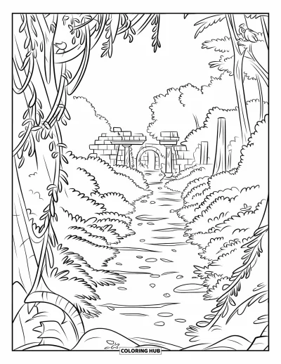 Coloriage de jungle pour enfants : Un chemin jonché de branches mortes mène à des ruines en pierre anciennes et des colonnes
