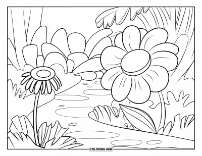 Coloriage de jungle pour enfants : Un chemin de jungle mène à d'immenses fleurs entourées de fougères et de corolles