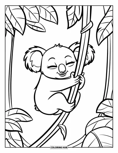 Coloriage de jungle pour enfants : Un koala aux yeux fermés s'accroche à une liane épaisse parmi de grandes feuilles de jungle