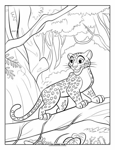Coloriage de jungle pour enfants : Un léopard perché en hauteur sur une branche surveille la jungle dense en contrebas