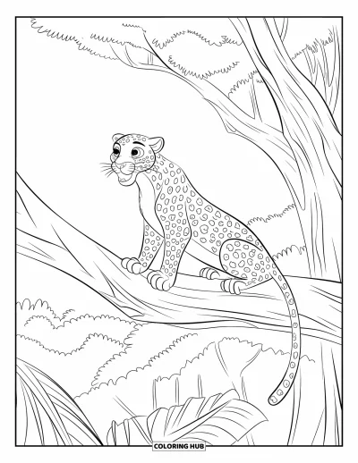 Coloriage de jungle pour enfants : Un léopard attentif est assis sur une branche épaisse au-dessus d'une jungle remplie d'arbres