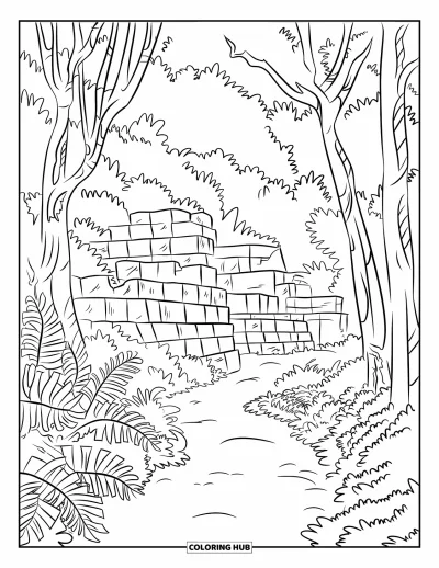 Coloriage de jungle pour enfants : Un sentier luxuriant mène à des ruines anciennes cachées par une végétation dense