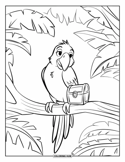 Coloriage de jungle pour enfants : Un perroquet tenant un petit coffre au trésor est perché sur une branche dans une forêt luxuriante