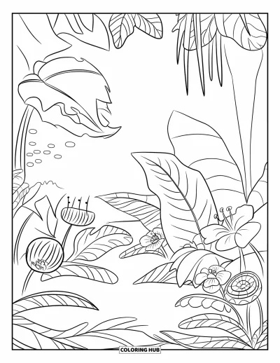 Coloriage de jungle pour enfants : Une clairière paisible remplie de grandes feuilles veinées, de fleurs et de petites feuilles au sol