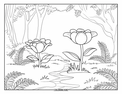 Coloriage de jungle pour enfants : Un chemin de jungle paisible mène à d'immenses fleurs et des fougères entourées d'arbres