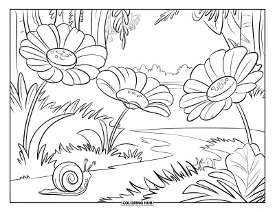 Coloriage de jungle pour enfants : Une scène de jungle paisible avec de grandes fleurs, des fougères et un escargot sur le chemin