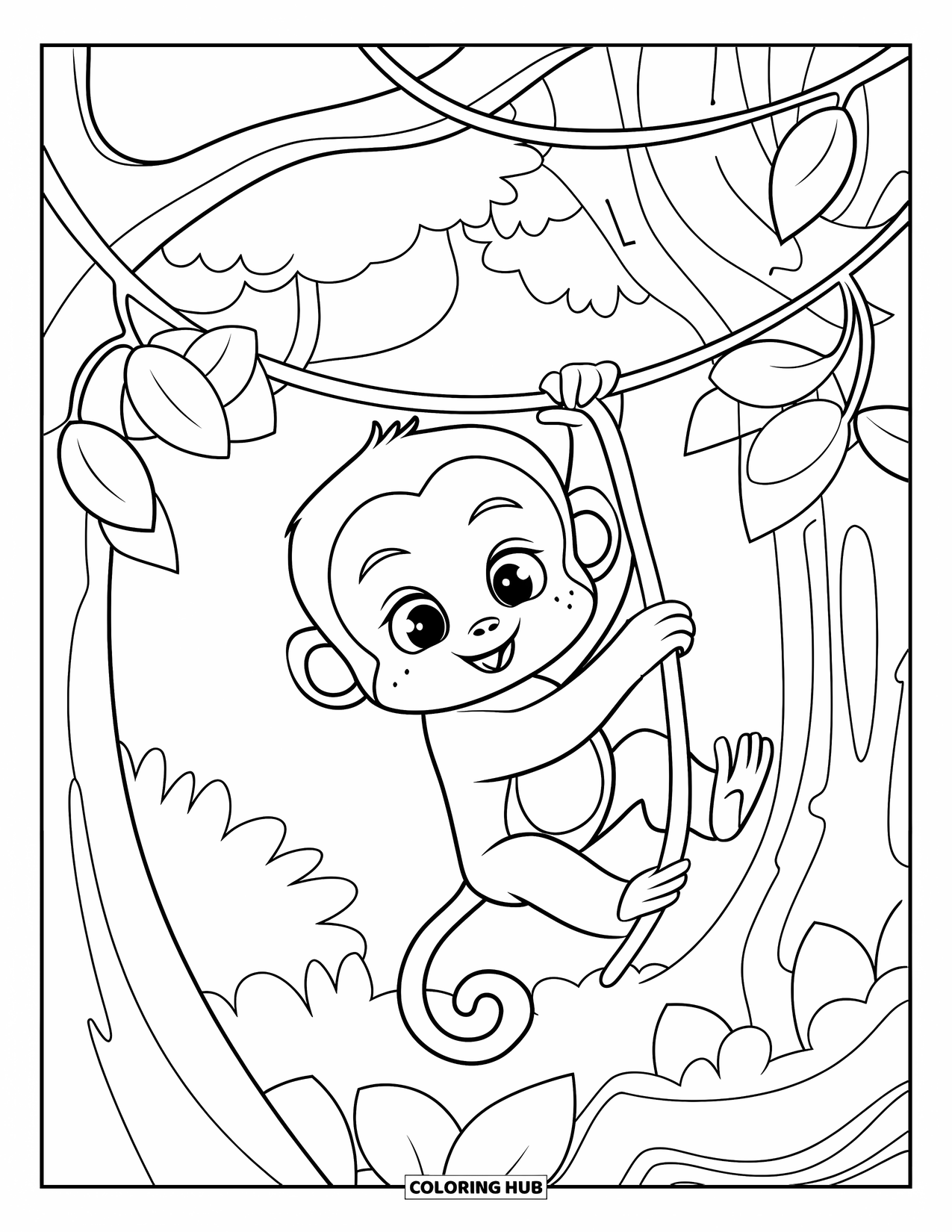 Jungle Coloring Page for Kids: A playful baby monkey hangs tightly from a vine wrapped around a tree