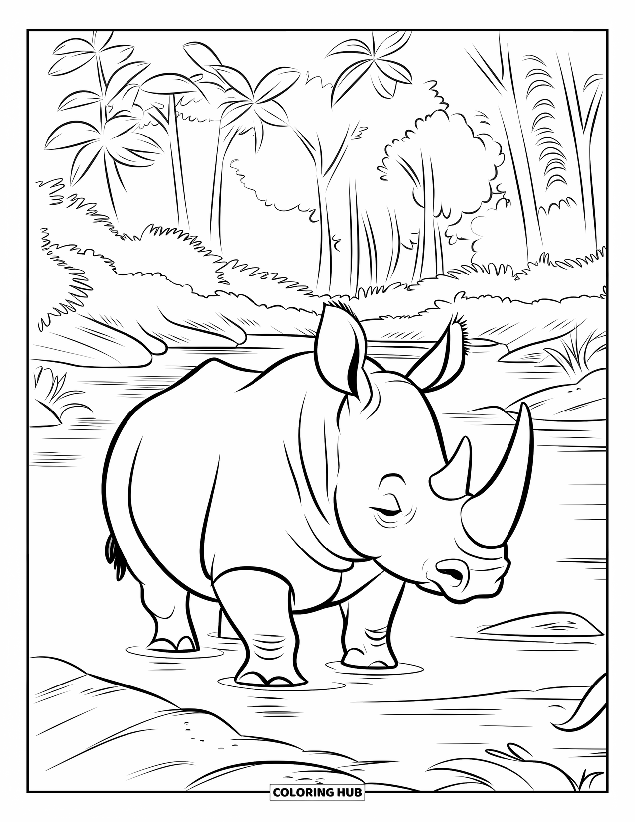 Jungle Coloring Page for Kids: A relaxed rhinoceros stands in the water near rocks and a dense jungle forest