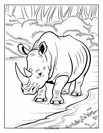 Coloriage de jungle pour enfants : Un rhinocéros se tient au bord de l'eau entouré de feuilles de jungle épaisses