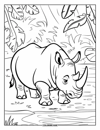Coloriage de jungle pour enfants : Un rhinocéros à la grande corne se prélasse près de la berge bordée d'une végétation abondante
