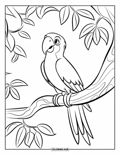 Coloriage de jungle pour enfants : Un perroquet se perche sur une épaisse branche d'arbre entourée d'un feuillage généreux