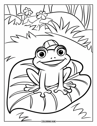 Coloriage de jungle pour enfants : Une grenouille souriante coiffée d'un chapeau est assise sur une grande feuille près de fleurs et d'arbres