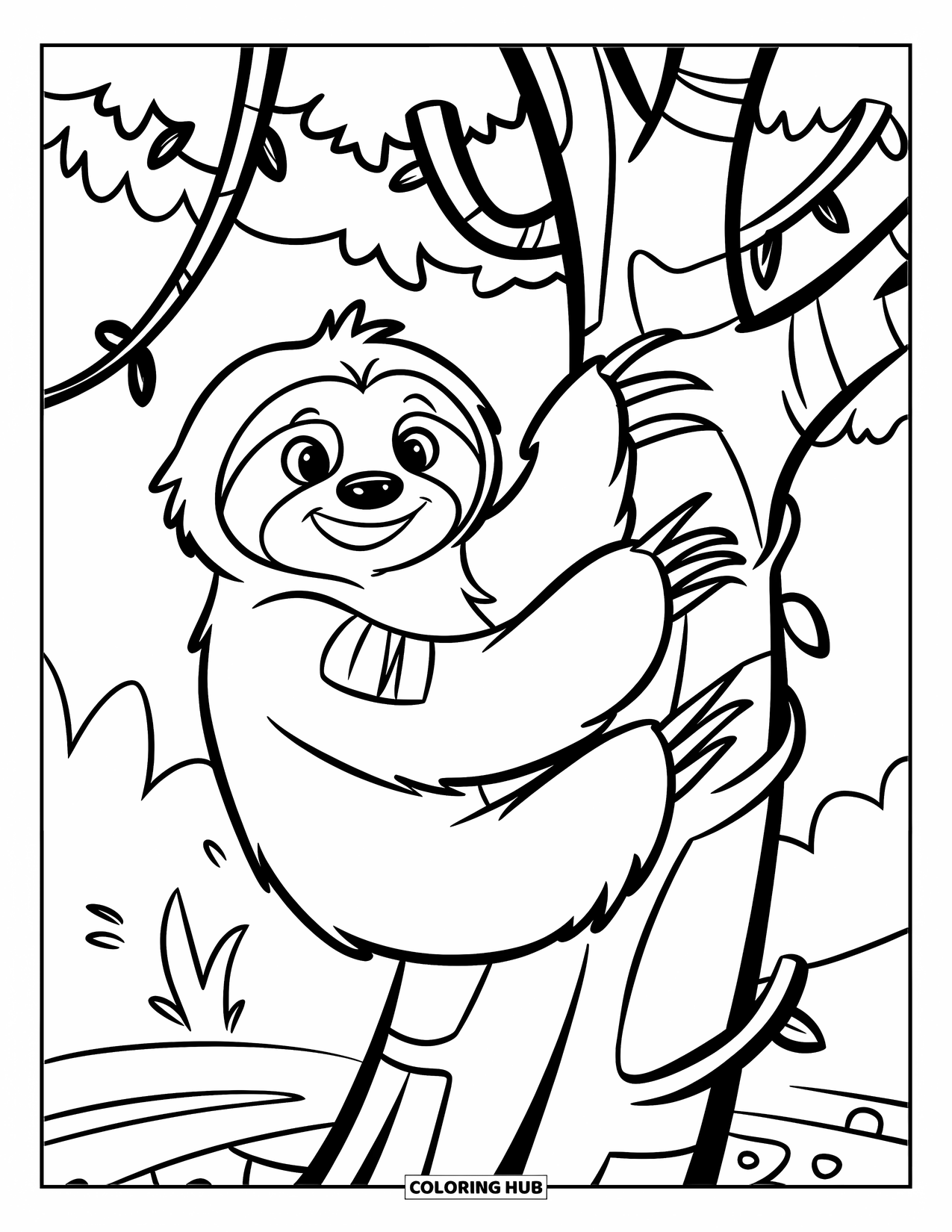 Jungle Coloring Page for Kids: A smiling sloth climbs a tree surrounded by vines and large leaves