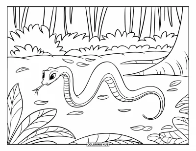 Coloriage de jungle pour enfants : Un serpent s'enroule autour d'un tronc d'arbre entouré d'un sol de jungle feuillu