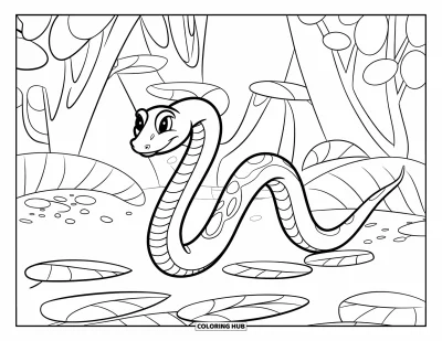 Coloriage de jungle pour enfants : Un serpent au corps arrondi se faufile parmi les feuilles de jungle et les arbres circulaires