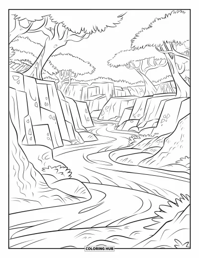 Coloriage de jungle pour enfants : Une rivière tourbillonnante avec de petites cascades coule entre des arbres et des falaises rocheuses