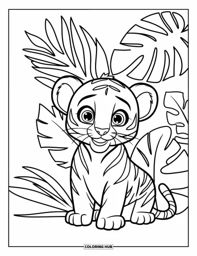 Coloriage de jungle pour enfants : Un lionceau aux grands yeux est assis joyeusement près de plantes tropicales aux feuilles prononcées