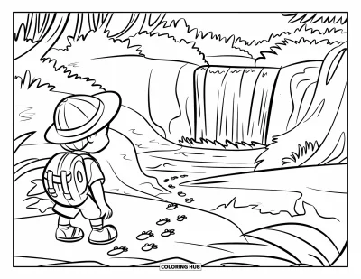 Coloriage de jungle pour enfants : Un jeune explorateur repère une cascade cachée depuis une clairière rocheuse