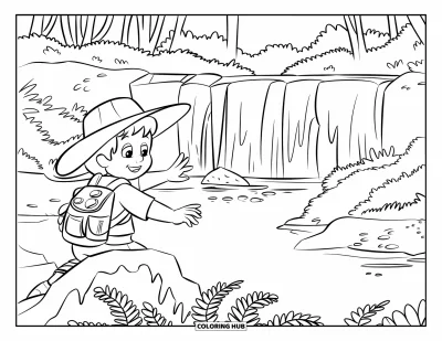 Coloriage de jungle pour enfants : Un jeune explorateur découvre une cascade cachée en se tenant sur un rocher