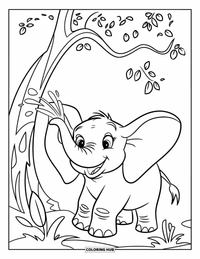 Coloriage de jungle pour enfants : Un éléphant aux grands yeux projette de l'eau sous un arbre de jungle feuillu