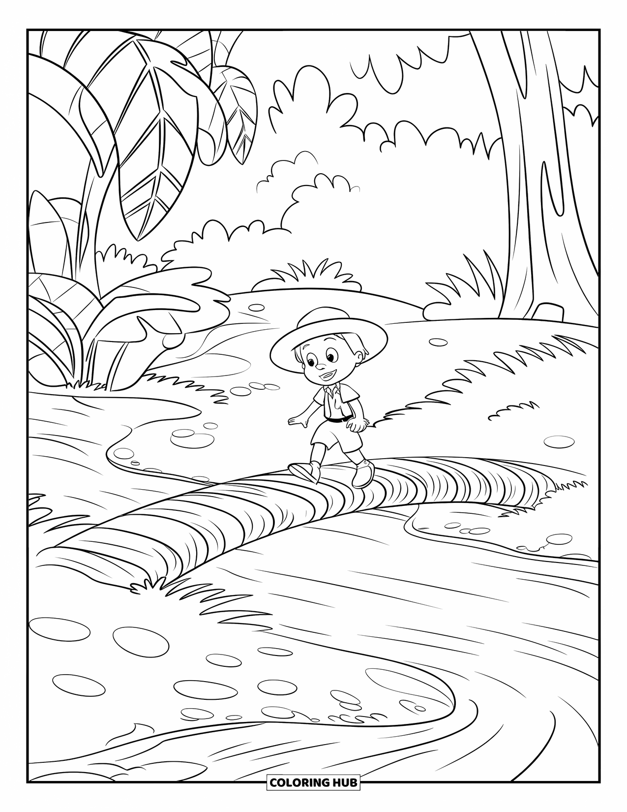 Jungle Coloring Page for Kids: An explorer walks across a sturdy log bridge surrounded by large jungle leaves