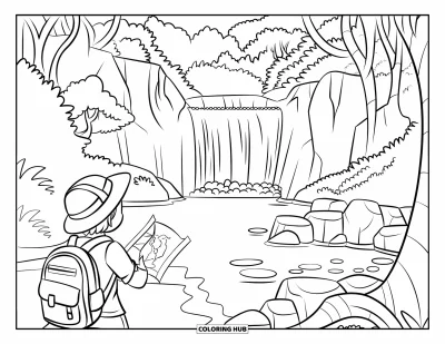 Coloriage de jungle pour enfants : Un explorateur avec une carte découvre une cascade cachée près d'un petit pont