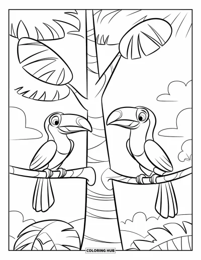 Coloriage de jungle pour enfants : Deux toucans bavardent sur différentes branches d'un grand arbre sous un ciel lumineux
