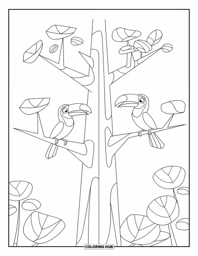 Coloriage de jungle pour enfants : Deux toucans perchés sur des branches séparées d'un grand arbre aux feuilles rondes