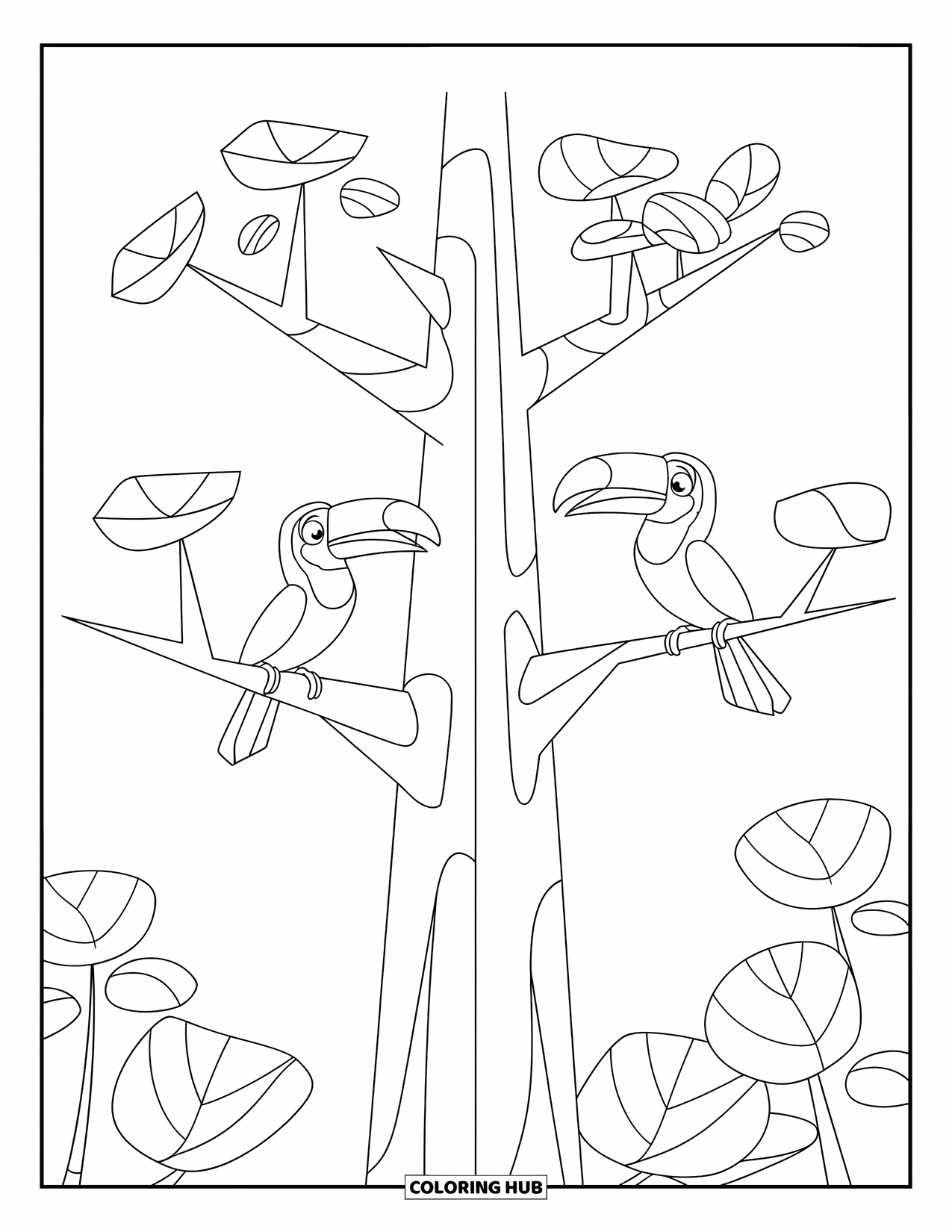 Jungle Coloring Page for Kids: Two toucans sit on separate branches of a tall tree with round leaves