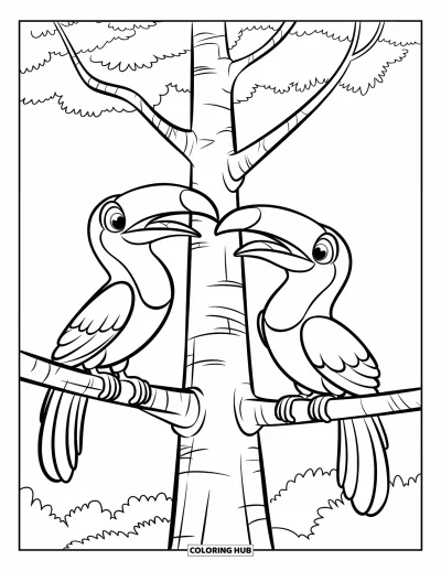 Coloriage de jungle pour enfants : Deux toucans aux contours prononcés bavardent sur des branches sous un ciel de jungle dégagé