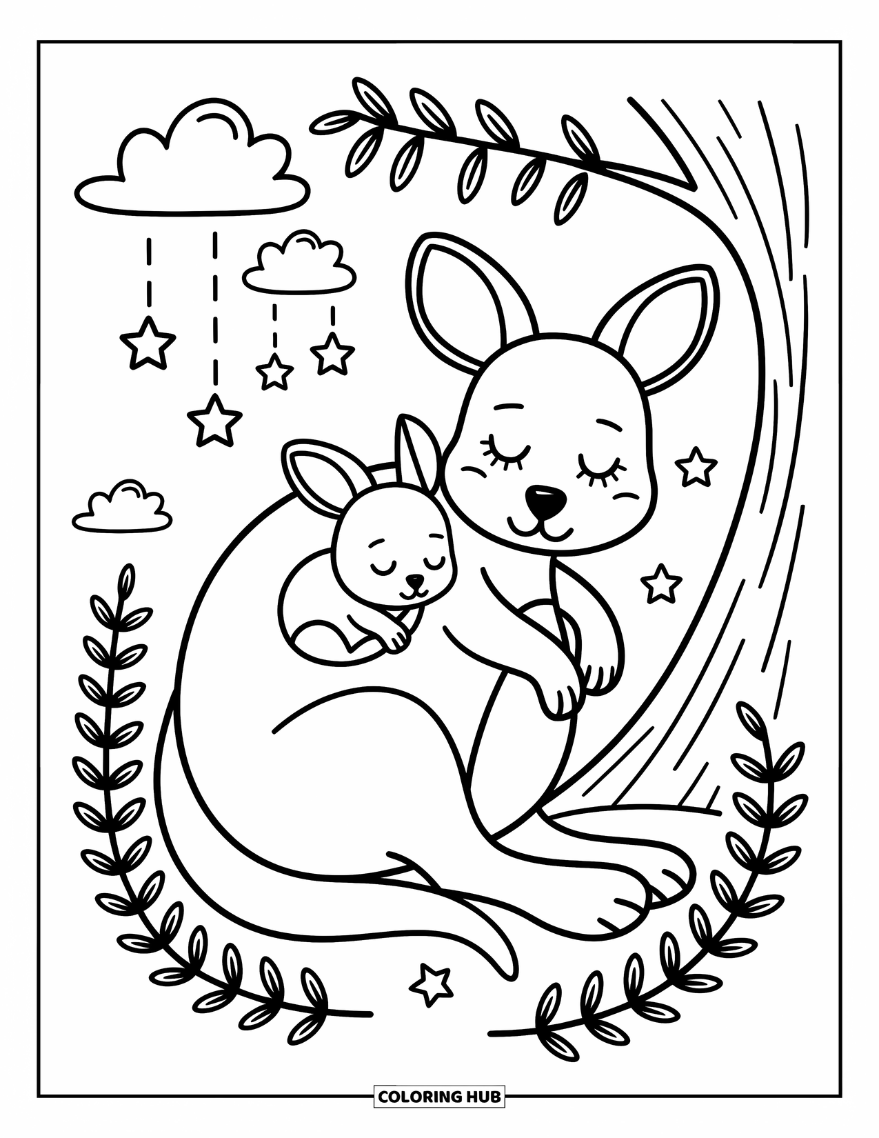 Kangaroo Coloring Page for Adults: A joey naps in its mother's pouch while eucalyptus leaves and stars gently float around them