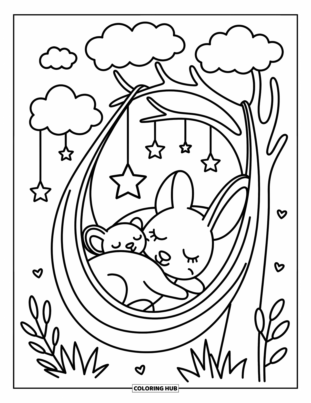 Kangaroo Coloring Page for Adults: A joey sleeps in a pouch like a hammock as stars and clouds drift above them