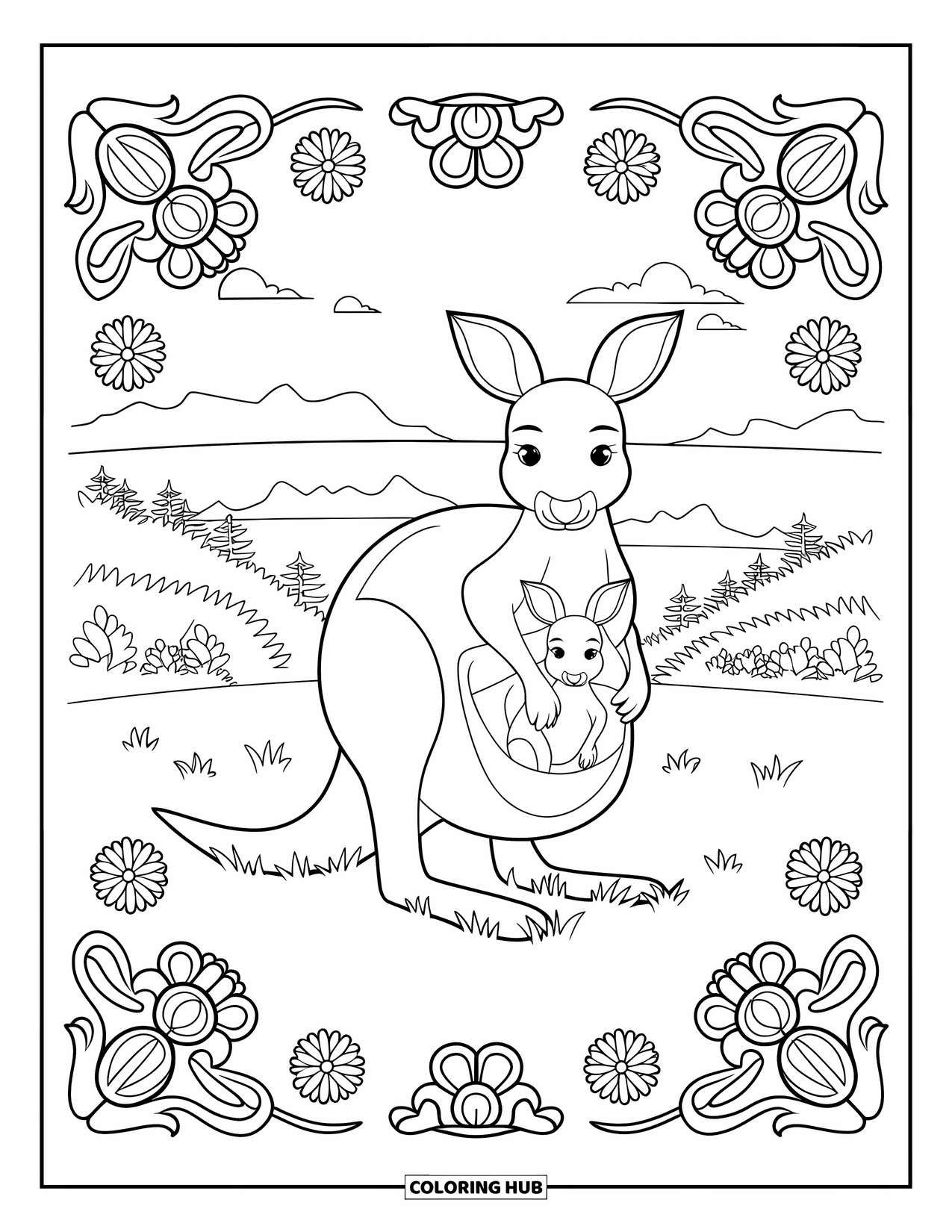 Kangaroo Coloring Page for Adults: A kangaroo and joey stand in a field with flowers, mountains, and trees all around